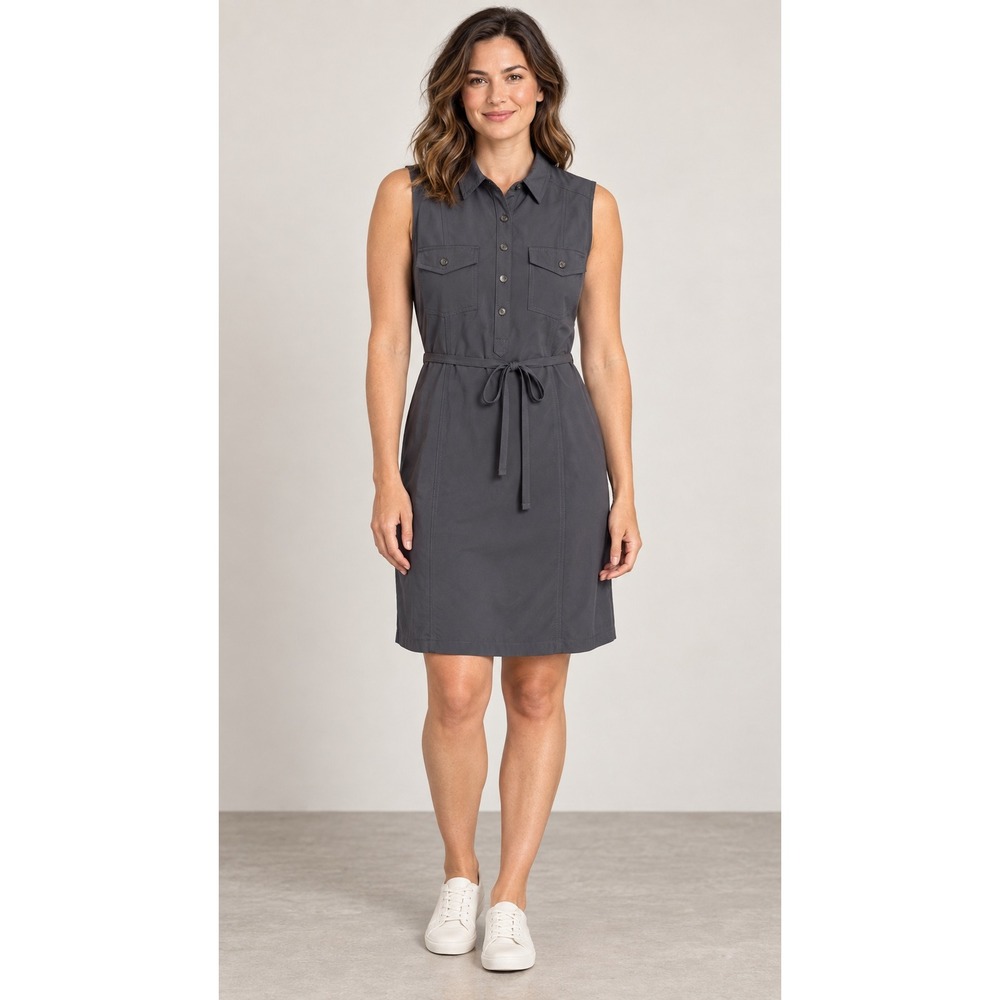 Eddie Bauer Womens Sleeveless Utility Shirt Dress Gray Size M Tie Waist Pocket